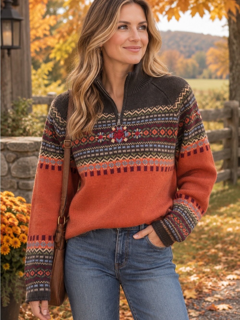 Eddie Bauer Rust & Brown Fair Isle Half-Zip Sweater